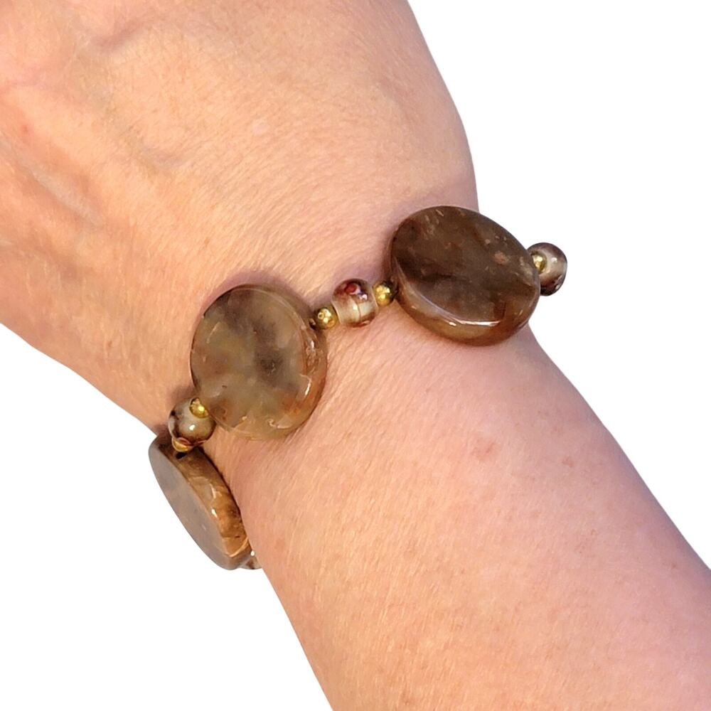 Vintage 1990s‎ Agate Beaded Bracelet- Gold-tone- 8" Brown Statement gbr-49